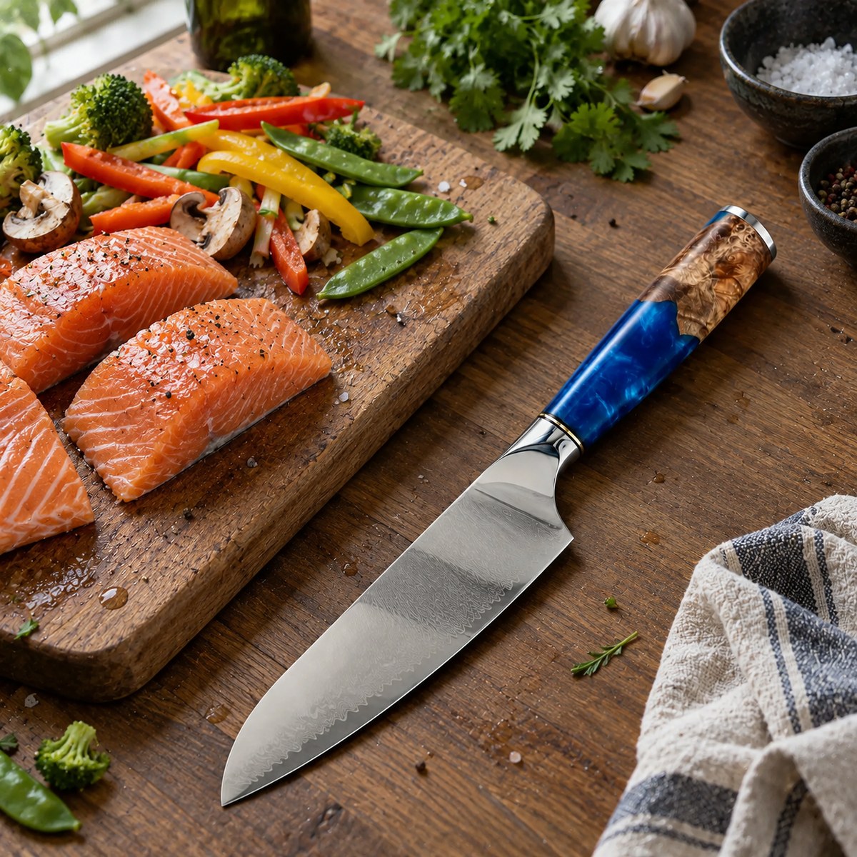Couteau santoku 18 cm – Damas Résine - santoku damas resine sapphire blue 2 situation