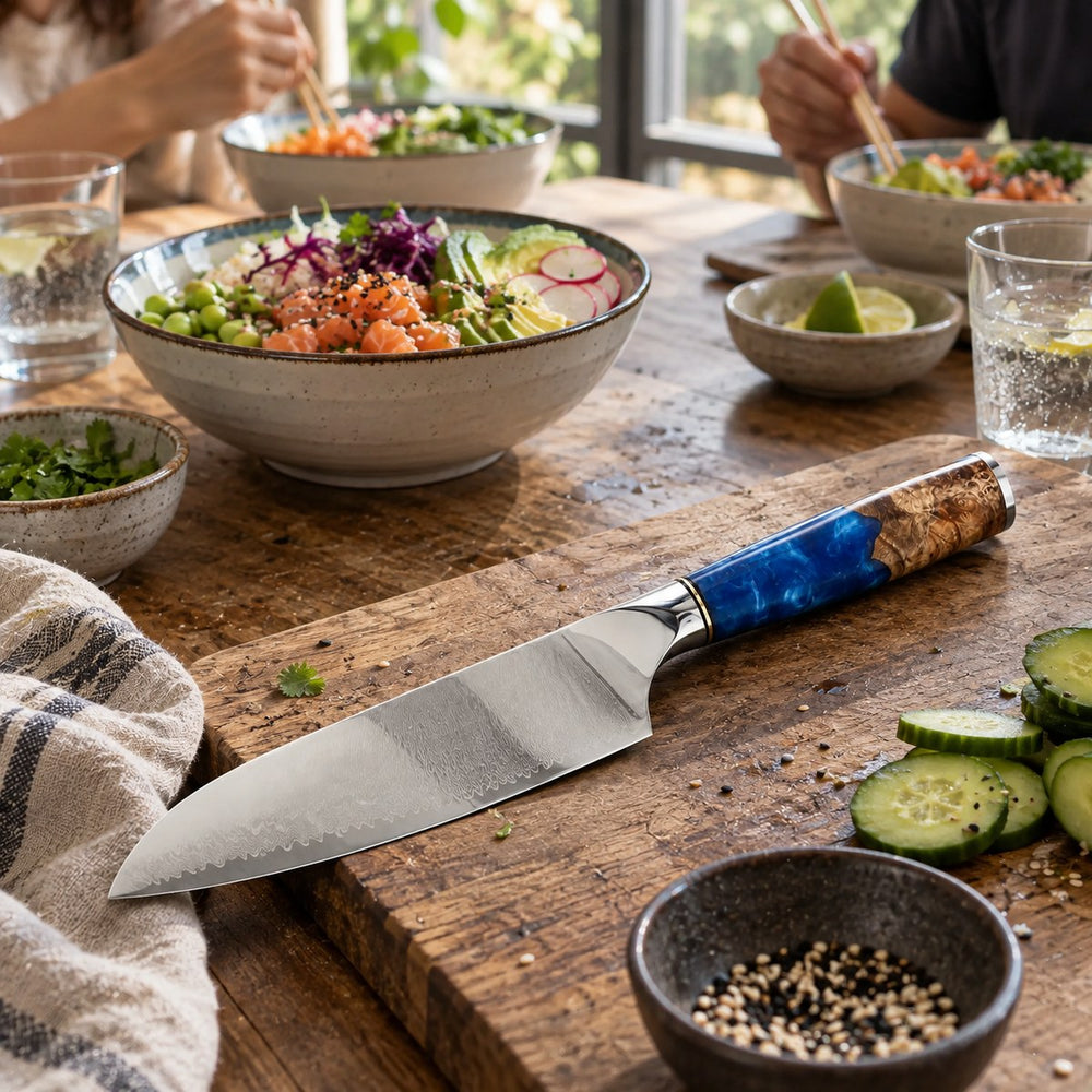 Couteau santoku 18 cm – Damas Résine - santoku damas resine sapphire blue 5 lifestyle