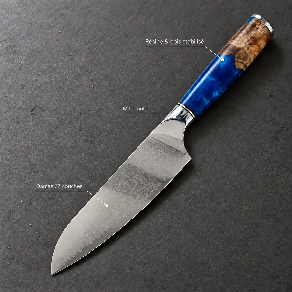 Couteau santoku 18 cm – Damas Résine - santoku damas resine sapphire blue 7 annotations